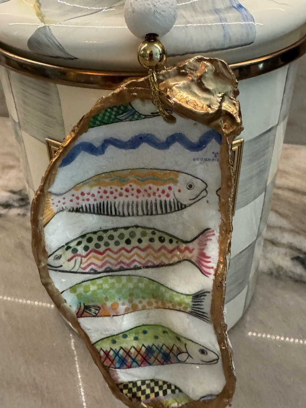 NC Handmade Oyster Shell Wine Ornament!